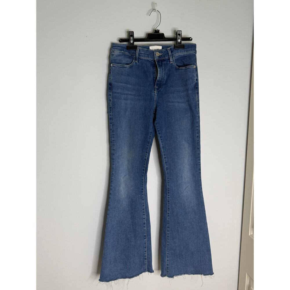 Frame Le High Flare Medium Wash Blue Jeans Raw Hem Size 28